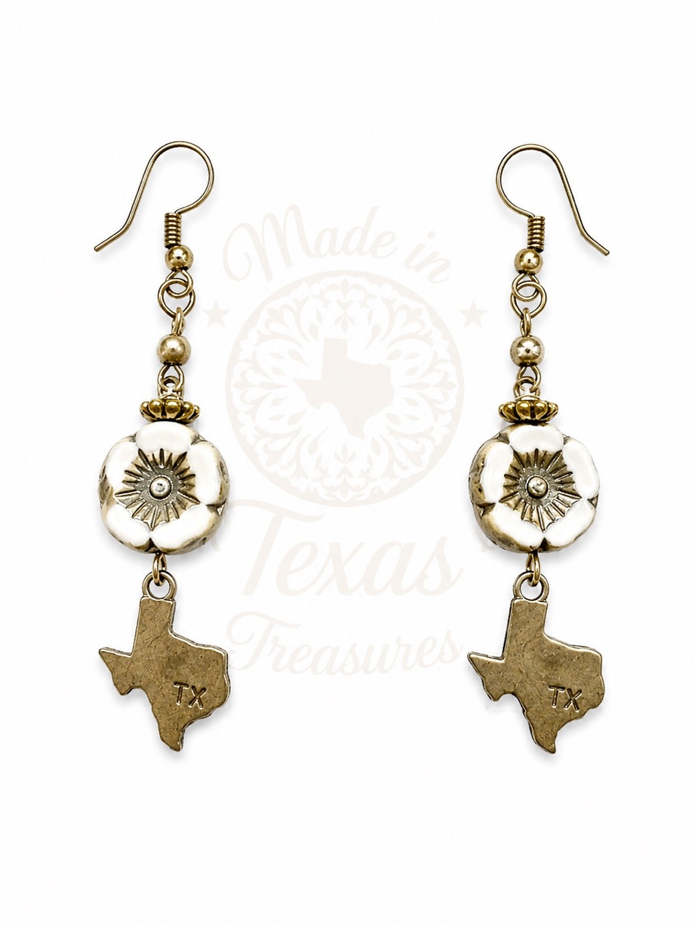 Hand Crafted White and Gold Texas Dangle Earrings